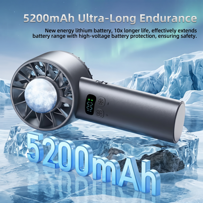 The Alphinea portable travel fan resting on crushed ice, featuring text that highlights its 5200mAh Ultra-Long Endurance battery for continuous, long-lasting cooling.