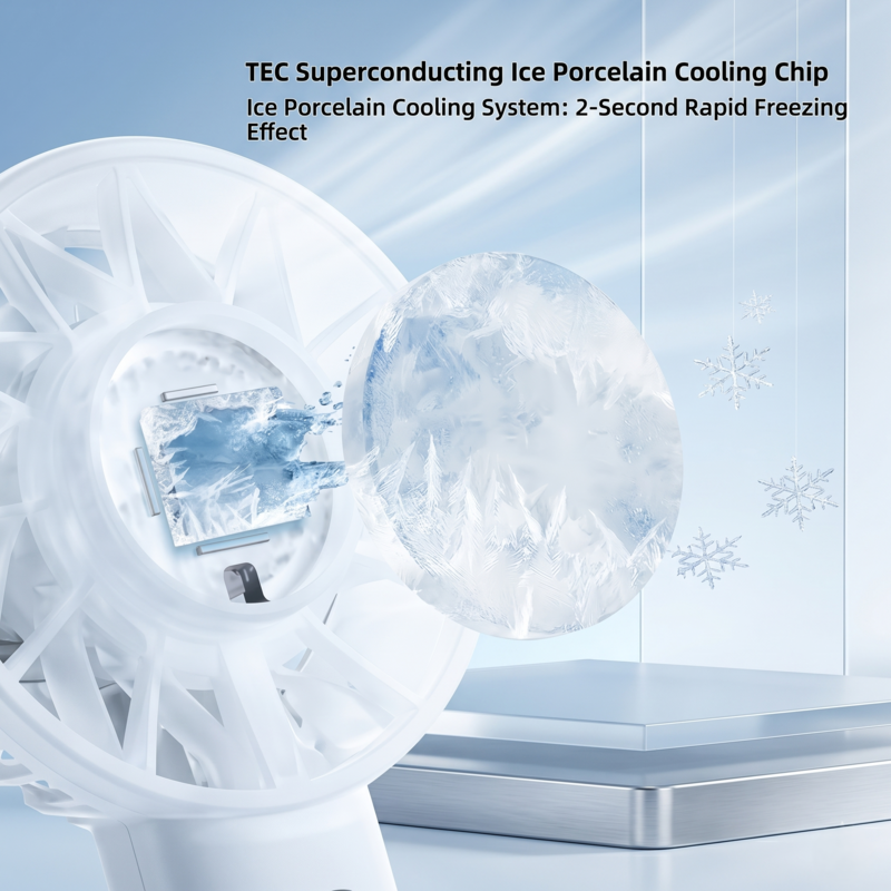 A close-up view of the revolutionary TEC Superconducting Ice Porcelain Cooling Chip on the Alphinea fan. The plate is covered in frost, demonstrating its ability to rapidly absorb heat and act like a personal, pocket-sized air conditioner.