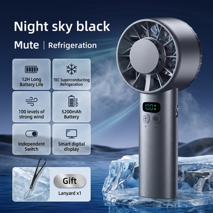 The Night Sky Black variant of the Alphinea portable handheld fan. The graphic highlights its smart LED display, an included lanyard for portability, and its ultra-quiet refrigeration capabilities.