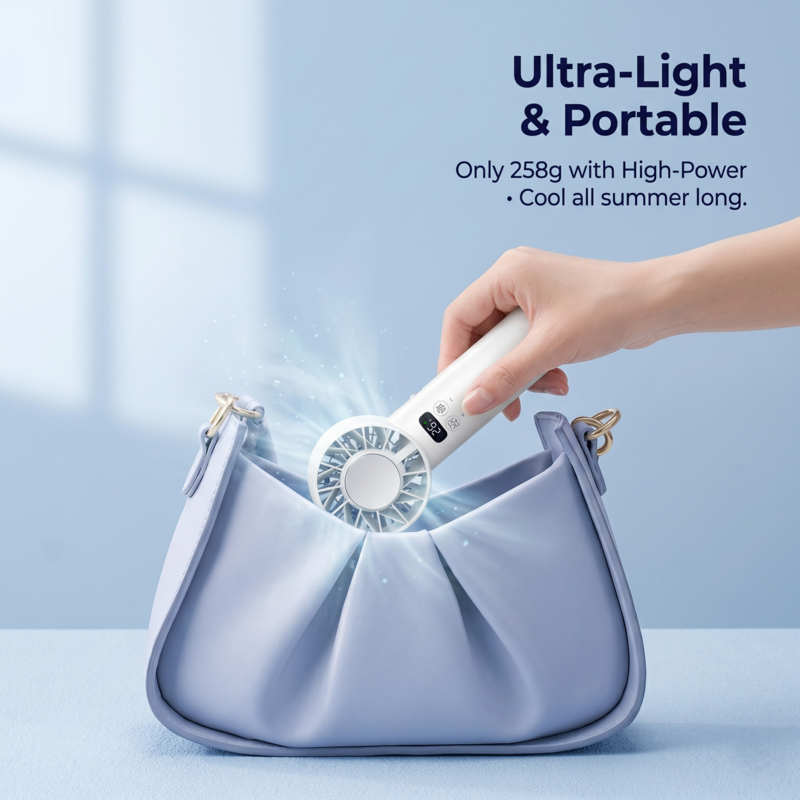 A hand effortlessly slipping the ultra-light, off-white Alphinea handheld mini fan into a small blue purse, showcasing its ergonomic, compact, and travel-friendly design.