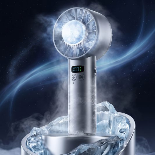 Der Alphinea Premium Mini-Handventilator in elegantem Metallic-Finish steht aufrecht auf einem Eisblock, von dessen integrierter Kühlplatte mit Halbleiter-Eiskompressionstechnologie Frost ausstrahlt. Das smarte LED-Digitaldisplay zeigt einen vollen Ladestand von 100 % an.
