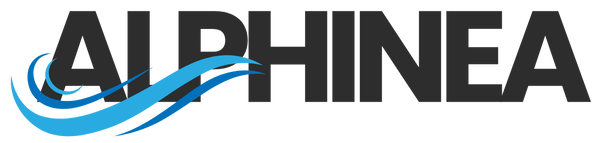 Alphinea logo with a blue wave design on a white background