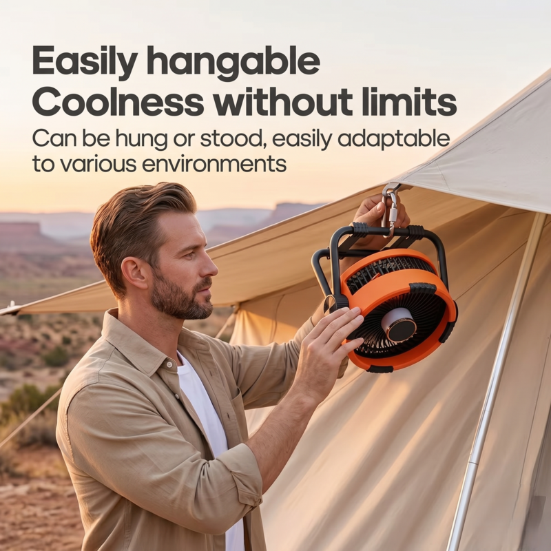 Man hanging a Alphinea 6-in-1 camping fan in a desert tent environment to show portability and hook design.