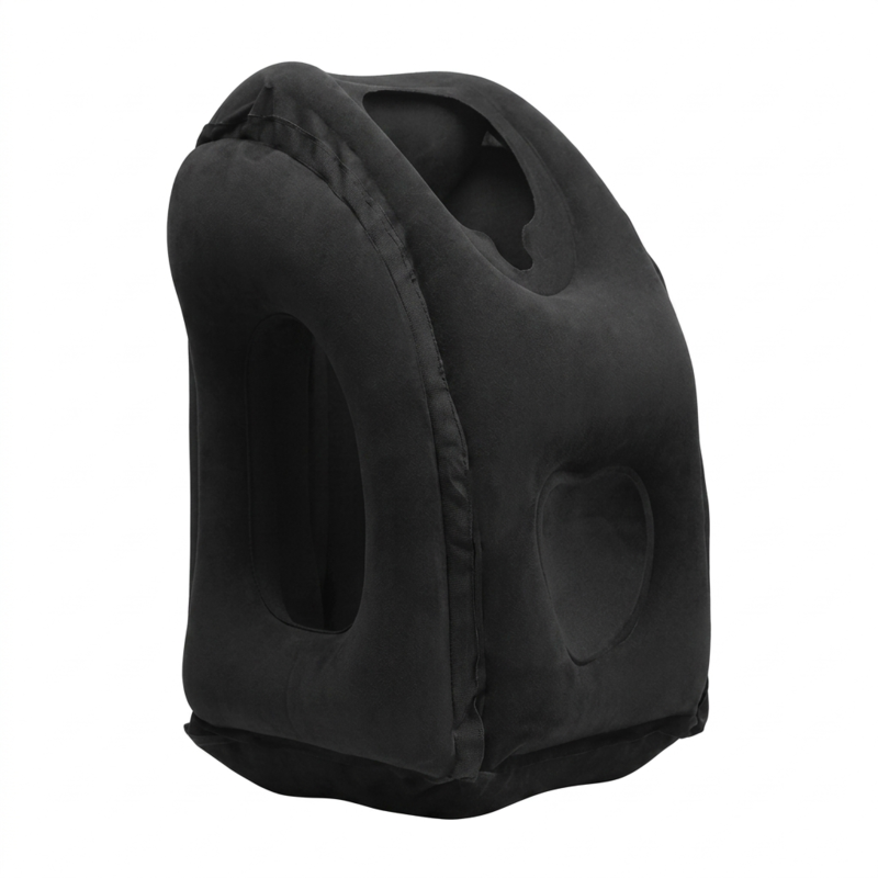 A clear, three-quarter angle product shot of the Alphinea inflatable air pillow in black. It highlights the ergonomic, forward-leaning contour that functions as an advanced cervical neck pillow alternative for frequent flyers and commuters.