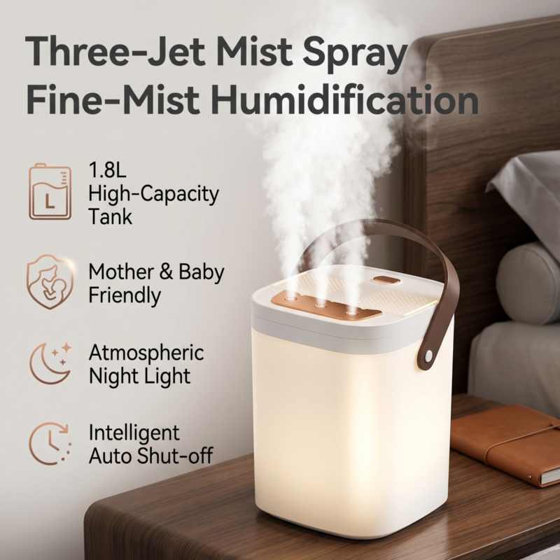 Présentation des caractéristiques de l'humidificateur haute capacité Alphinea 1,8 L, mettant en évidence son brumisateur à trois jets, sa veilleuse d'ambiance et son arrêt automatique.