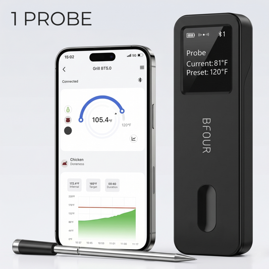 Das drahtlose Fleischthermometer-System Alphinea 1-Probe verfügt über einen eleganten Bluetooth-Signalverstärker mit LCD-Bildschirm, eine Edelstahlsonde mit Schutzart IP67 und ein Smartphone, das Live-Temperaturdiagramme für präzises, kabelloses Kochen anzeigt.