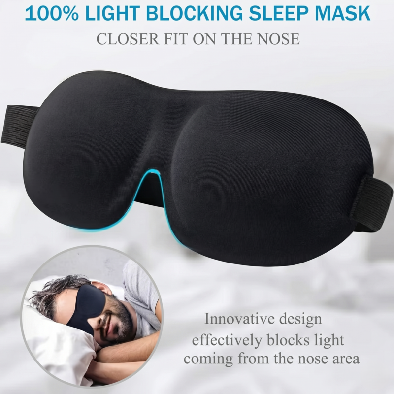 Front view of the Alphinea blackout eye mask highlighting the advanced nose-wing bridge for a closer fit and 100% light-blocking seal, with an inset of a man sleeping deeply.