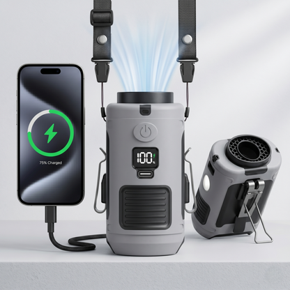 Alphinea 10,000mAh portable rechargeable fan in grey, functioning as an emergency power bank charging a smartphone via USB cable.