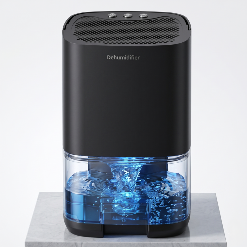 Front view of the Alphinea 1000ml Portable Dehumidifier in a matte black finish, engineered for low energy consumption and efficient odor neutralization in modern homes.