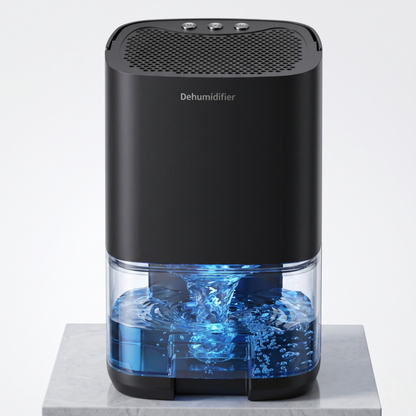 Front view of the Alphinea 1000ml Portable Dehumidifier in a matte black finish, engineered for low energy consumption and efficient odor neutralization in modern homes.