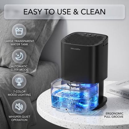 Alphinea 1000ml Portable Dehumidifier in black on a modern nightstand, highlighting easy-to-use features including whisper-quiet operation, automatic sleep mode, and an ergonomic transparent water tank.