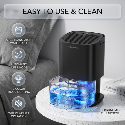 Der tragbare Luftentfeuchter Alphinea 1000ml in Schwarz auf einem modernen Nachttisch hebt die benutzerfreundlichen Funktionen hervor, darunter der flüsterleise Betrieb, der automatische Schlafmodus und der ergonomische, transparente Wassertank.