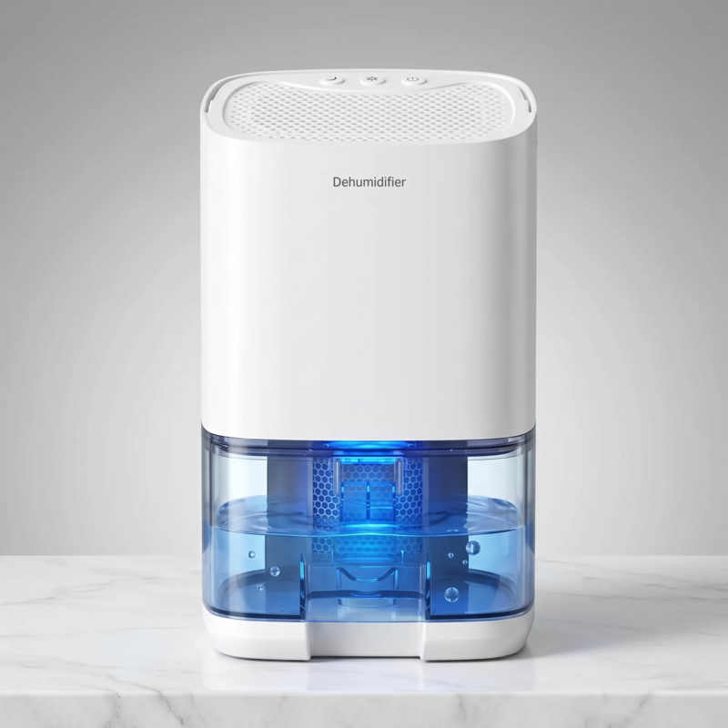 Front view of the Alphinea 1000ml Portable Dehumidifier in a sleek white finish, featuring a continuous air-drying design and a transparent water reservoir for real-time visual clarity.