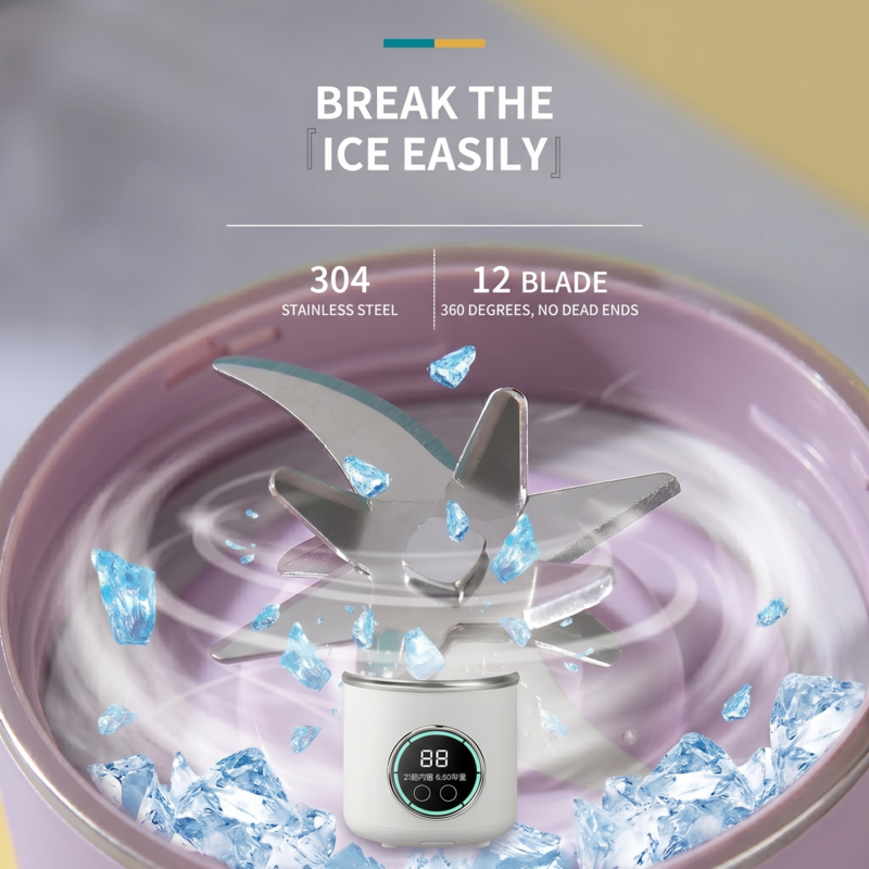 Close-up of the Alphinea 12-blade precision stainless steel array easily crushing ice and water to create silky-smooth, lump-free textures.