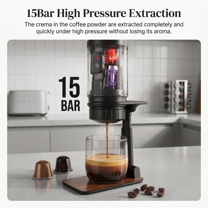 Machine à expresso portable Alphinea utilisant une extraction haute pression de 15 bars pour préparer un expresso riche avec une crème épaisse.