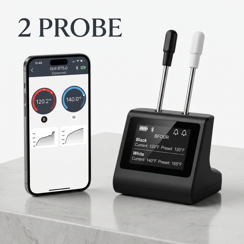 Alphinea 2-Probe setup featuring a dual-docking rechargeable eco-station and a smartphone app interface, providing dual-sensor intelligence for precise thermal control of multiple proteins at once.