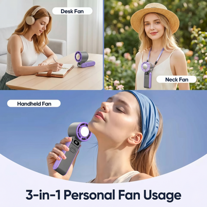 Three lifestyle photos demonstrating the Alphinea fan's 3-in-1 versatility: a woman using it as a desk fan while reading, wearing it around her neck outdoors, and holding it to her face for a refreshing breeze.