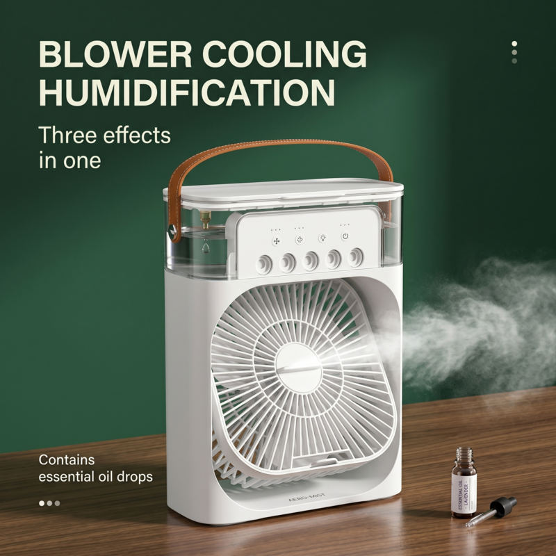 Alphinea 3-in-1 tragbarer Nebelventilator und Mini-Luftkühler in Weiß, der auf einem Holzschreibtisch steht und einen kühlen, erfrischenden Nebel verströmt, daneben eine kleine Flasche ätherisches Öl.