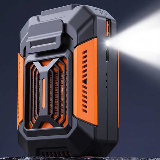 Alphinea 3-in-1 Multifunktions-Lüfter in robustem schwarz-orangem Design, der aufrecht steht und über eine eingeschaltete, integrierte Taschenlampe verfügt.