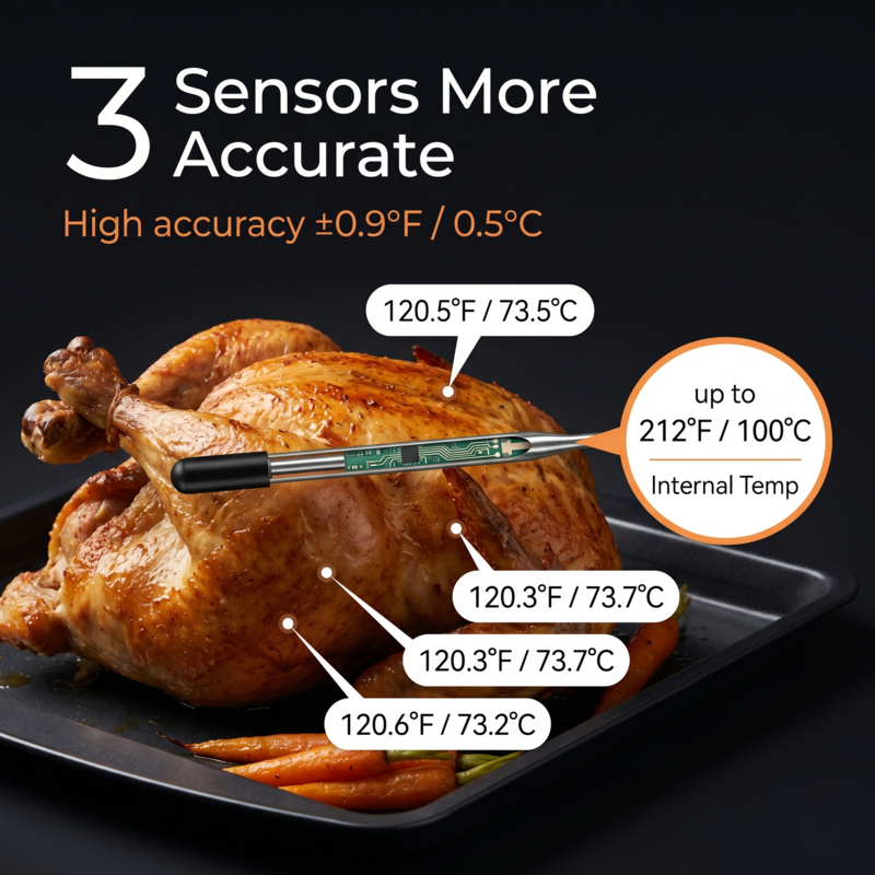 A whole roasted chicken with an Alphinea wireless probe inserted, demonstrating laboratory-grade accuracy with distinct temperature sensors measuring internal meat heat and ambient oven temperature.