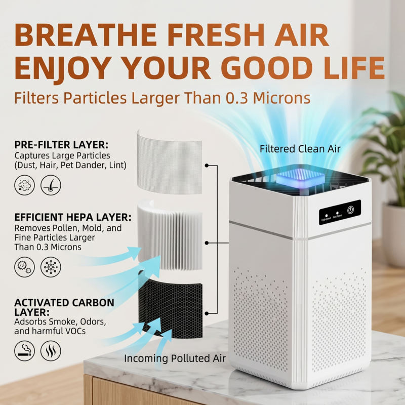 Schéma du système de filtration en 3 étapes du purificateur d'air Alphinea, détaillant le préfiltre, une couche HEPA efficace pour les particules de 0,3 micron et une couche de charbon actif.
