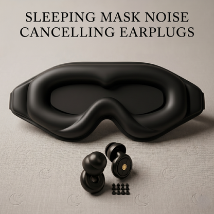 Alphinea 3D blackout sleep mask and high-performance noise-canceling earplugs set in black, displayed with interchangeable ear tips for custom acoustic isolation.
