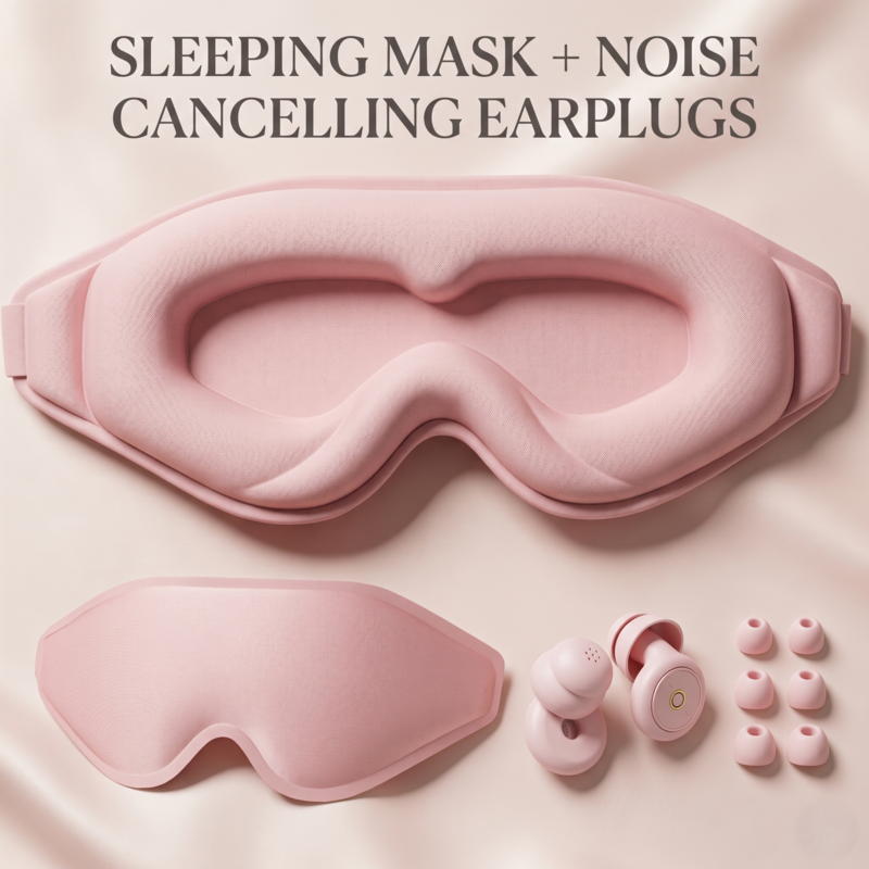 Alphinea Premium 3D Contour Sleep Mask and high-performance noise-canceling earplugs kit displayed in a soft pink color variant.
