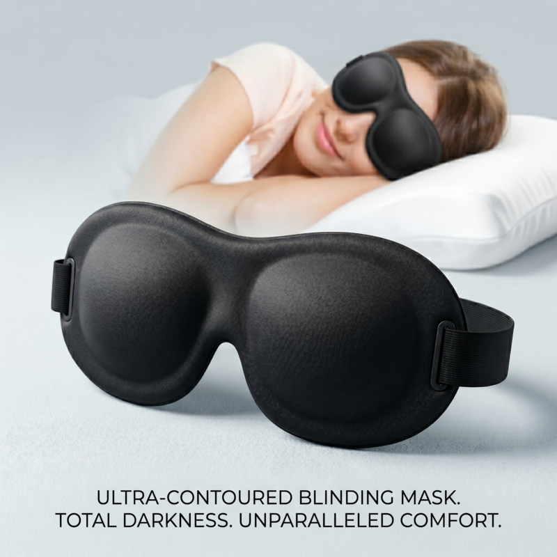 Woman sleeping comfortably on a white pillow wearing the Alphinea 3D blackout sleep mask, showcasing its ultra-contoured design for unparalleled comfort and total darkness.