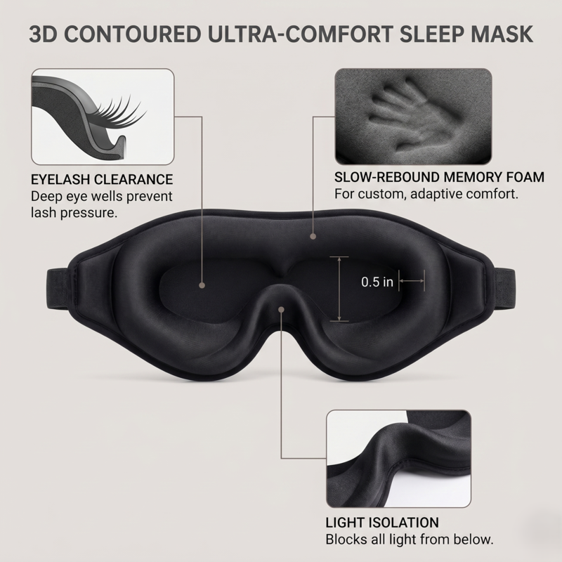 Infographic of the Alphinea 3D contoured ultra-comfort sleep mask, highlighting deep eye cavities for eyelash clearance, slow-rebound memory foam, and a nose wing seal for 100% total light elimination.