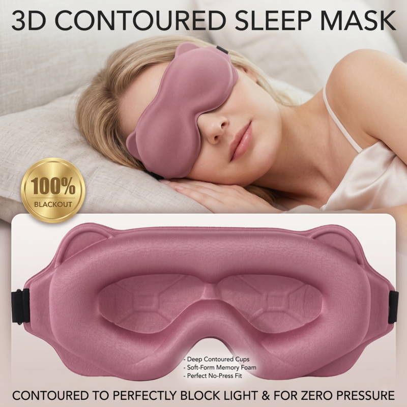 A woman resting peacefully wearing the pink Alphinea 3D contoured sleep mask, highlighting its zero-pressure fit and precision-molded design for total darkness.