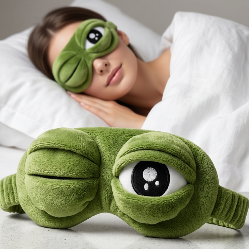 A woman sleeping comfortably in bed wearing the plush green Alphinea 3D Frog Sleep Mask. A detailed close-up below showcases the mask's playful design with one eye open and one closed, highlighting its pressure-free 3D contouring.