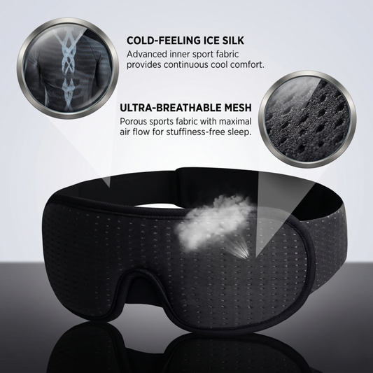 Alphinea 3D sleep mask in black, featuring a close-up of cold-feeling ice silk and ultra-breathable mesh fabric designed for continuous, stuffiness-free sleep.