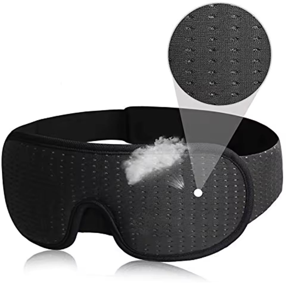 Alphinea 3D sleep mask in classic black, showcasing a close-up of the featherweight, skin-friendly breathable mesh fabric.