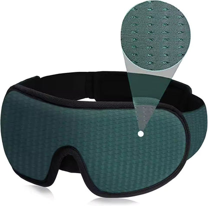 Alphinea 3D sleep mask in forest green, showcasing a close-up of the featherweight, skin-friendly breathable mesh fabric.