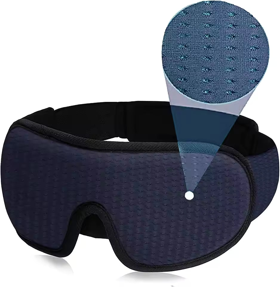 Alphinea 3D sleep mask in navy blue, showcasing a close-up of the featherweight, skin-friendly breathable mesh fabric.