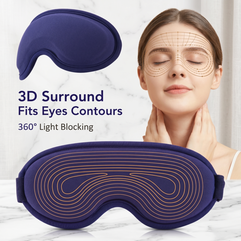 Le masque de sommeil Alphinea 3D Surround démontre son adaptation ergonomique aux contours du visage pour un blocage complet de la lumière à 360 degrés.