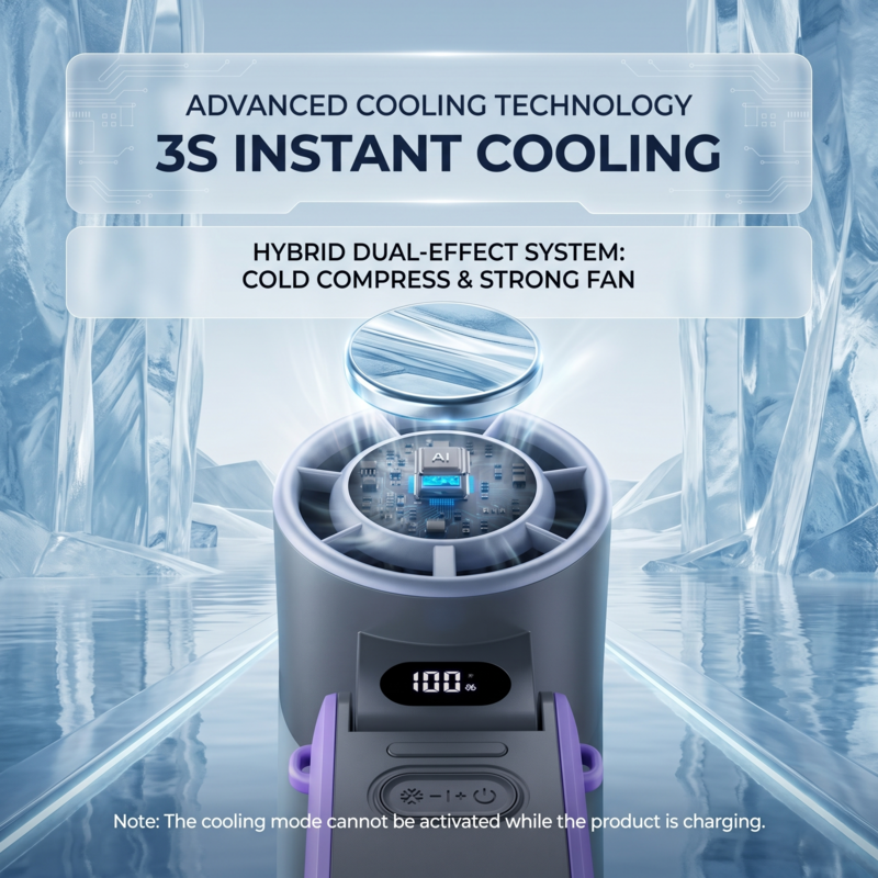 A close-up of the Alphinea fan's advanced semiconductor cooling plate, illustrating the hybrid dual-effect system that delivers 3-second instant cooling and a cold compress feature.