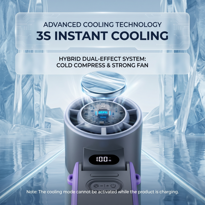 A close-up of the Alphinea fan's advanced semiconductor cooling plate, illustrating the hybrid dual-effect system that delivers 3-second instant cooling and a cold compress feature.
