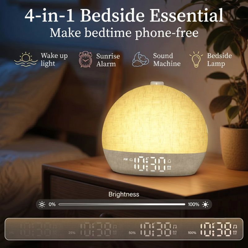 Alphinea, un appareil de chevet 4 en 1, fait office de lampe de réveil, de réveil simulateur d'aube, de machine à sons et de lampe de chevet dans une chambre faiblement éclairée.