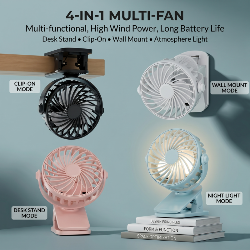 A four-panel feature grid for the Alphinea 4-in-1 multi-fan. It shows a black fan attached to a shelf in clip-on mode, a white fan in wall-mount mode, a pink fan in desk-stand mode, and a blue fan demonstrating the built-in LED night light.