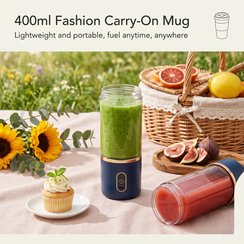 Alphinea 400ml portable blender with a green smoothie at an outdoor picnic, highlighting its lightweight, carry-on design for exploring and travel.