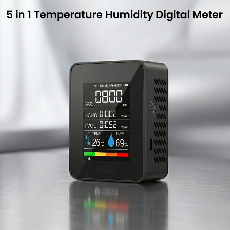Alphinea, moniteur de qualité de l'air 5 en 1 et compteur numérique noir, affichant en temps réel les mesures de CO2, HCHO, TVOC, température et humidité sur un bureau moderne.