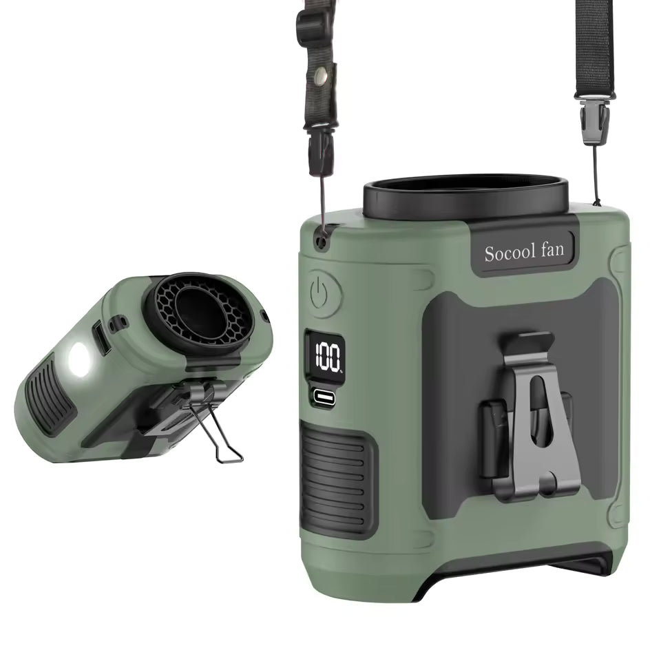 Alphinea 5-in-1 portable rechargeable fan in olive green, displaying the wearable strap and versatile heavy-duty clip design.