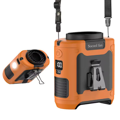Alphinea 5-in-1 portable rechargeable fan in high-visibility orange, ideal for outdoor working, camping, and construction job sites.