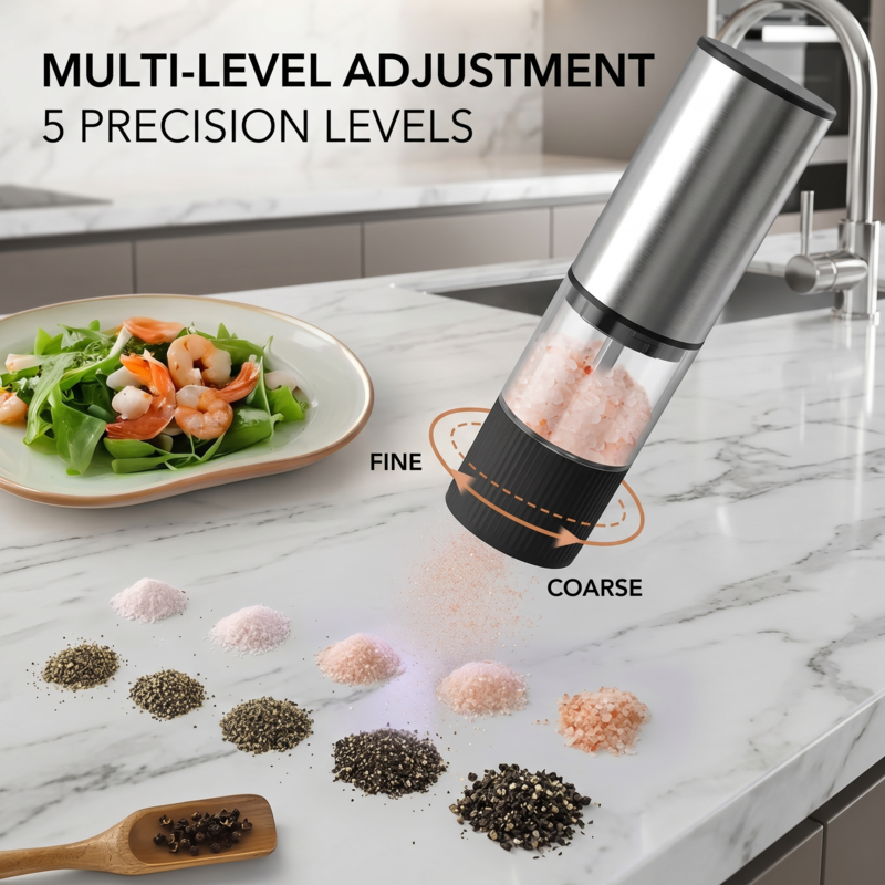 Close-up of the 5-level precision adjustment settings on the Alphinea electric pepper and salt grinder.