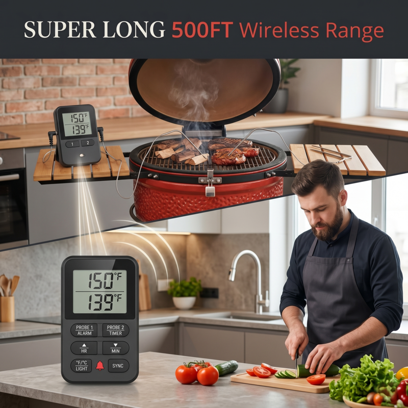 Alphinea 150M ultra-long range wireless thermometer demonstrating a 500-foot connection from an indoor receiver to an outdoor BBQ grill, allowing you to monitor temperatures remotely.
