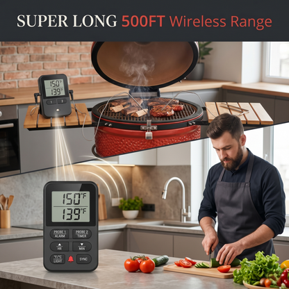 Alphinea 150M ultra-long range wireless thermometer demonstrating a 500-foot connection from an indoor receiver to an outdoor BBQ grill, allowing you to monitor temperatures remotely.