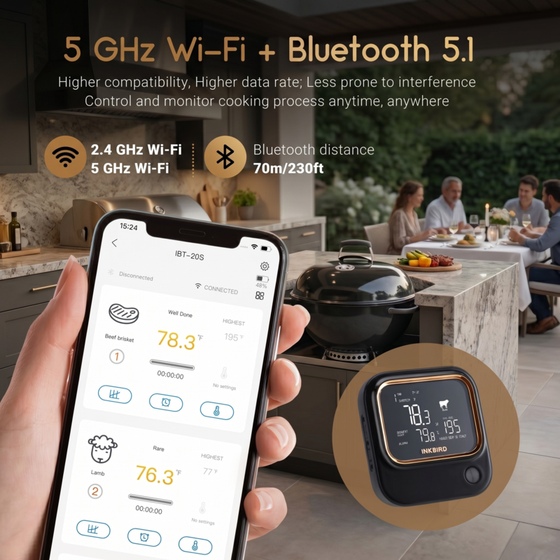 Person checking the Alphinea 5GHz Wi-Fi and Bluetooth 5.1 meat thermometer app on their smartphone while grilling outdoors.