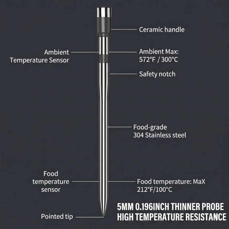 Detailed engineering diagram of the Alphinea 5mm ultra-thin meat thermometer probe, highlighting the ceramic handle, ambient temperature sensor, and food-grade stainless steel tip.