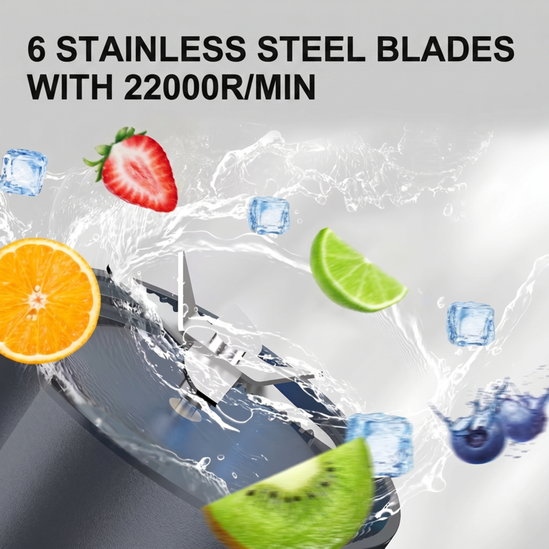 A dynamic close-up of the Alphinea blender's 6 precision stainless steel blades splashing in water with fresh fruit slices. The text highlights its 22,000 RPM high-torque power engineered to pulverize ice and fruit.